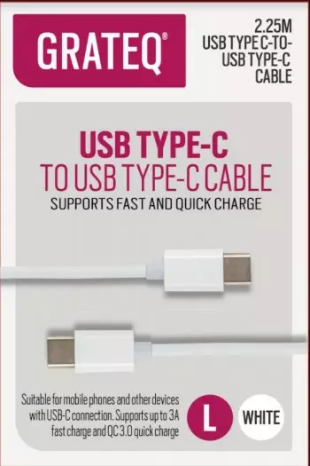 GRATEQ USB-C - USB-C KAAPELI QUICK 2.25M VALKOINEN - Kaapelit ja adapterit - 6438327850581 - 1