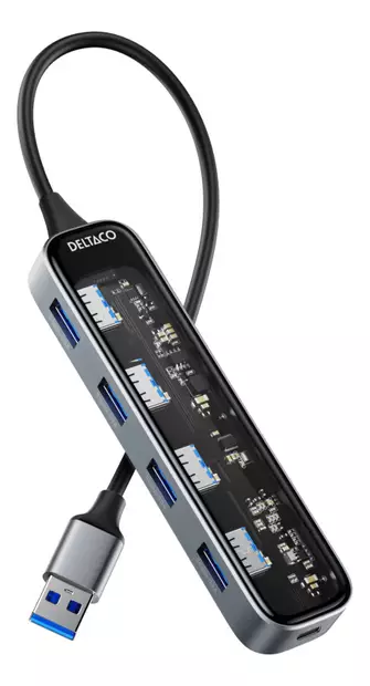 DELTACO TRANSPARENT USB-A HUB - Kaapelit ja adapterit - 7333048065193 - 1