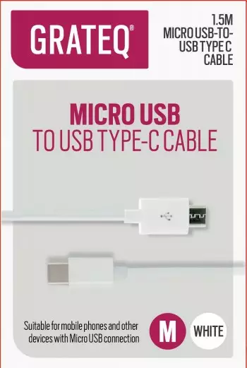 GRATEQ USB-C - MICRO-USB KAAPELI 1.5M VALKOINEN - Kaapelit ja adapterit - 6438327850598 - 1